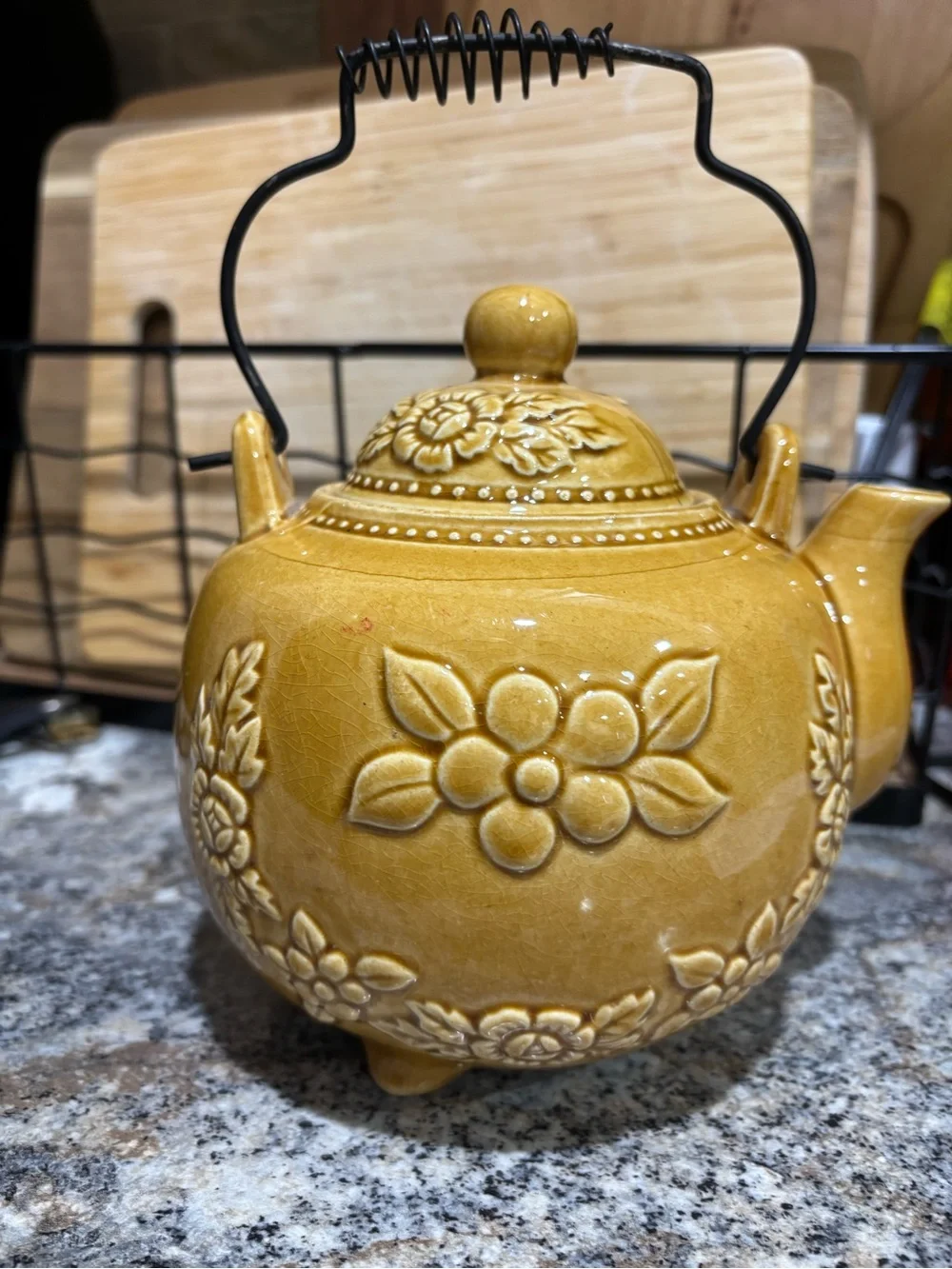 Vintage Yellow Ceramic 'Tea Time' Decorative Teapot with Wire Handle